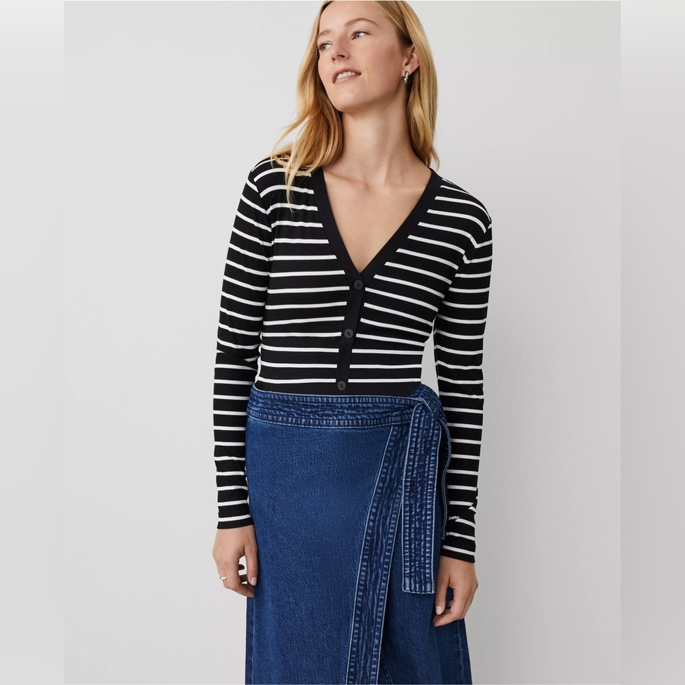 Ann Taylor Weekend Collection Striped V-Neck Cardigan, black & white, XL, NWT